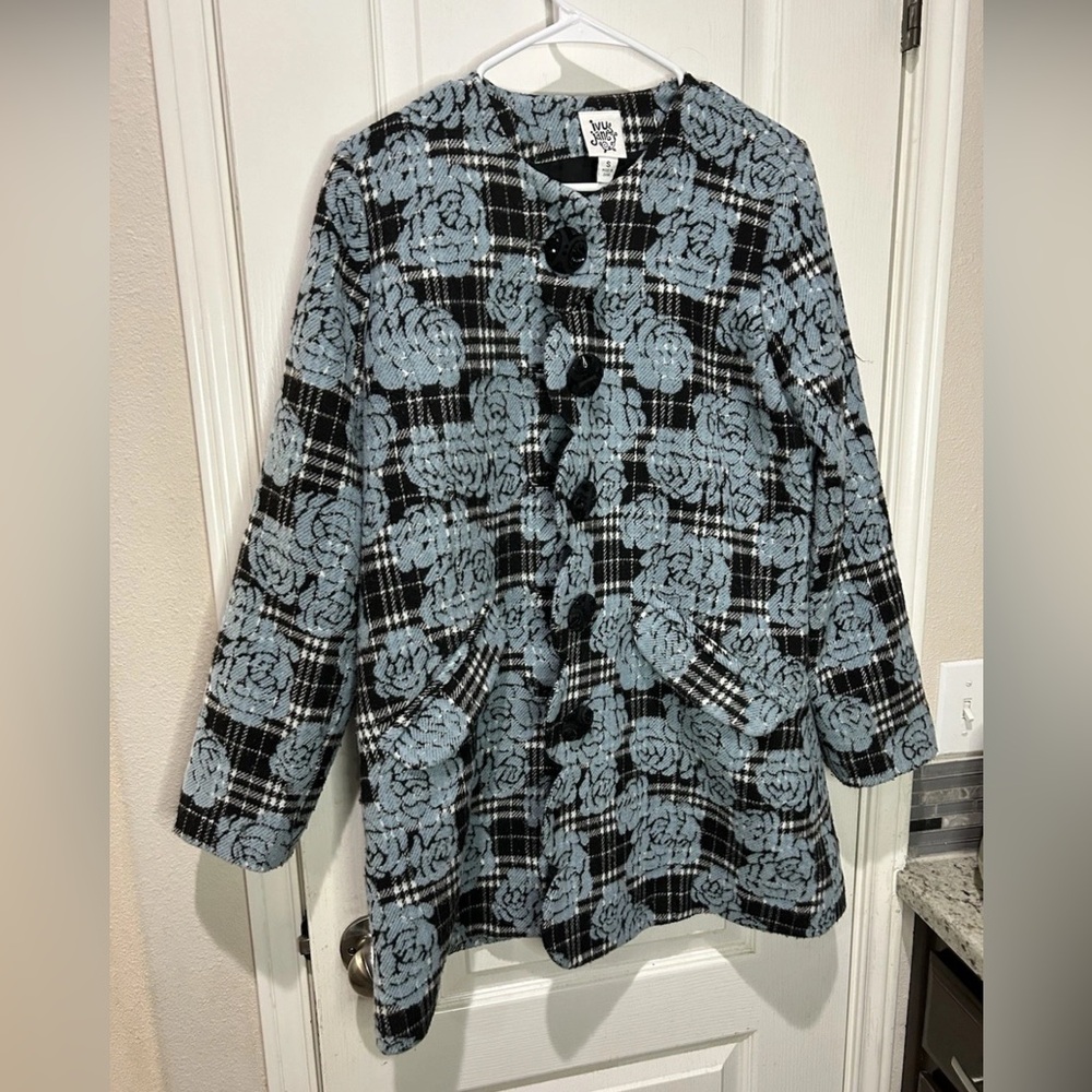 Ivy Jane Black and Blue Floral Pea Coat